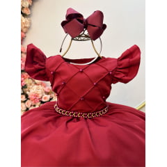 Vestido Infantil Marsala Busto Nervura C/ Pérolas Casamentos