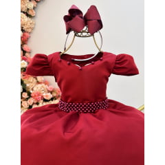 Vestido Infantil Marsala C/ Cinto de Pérolas Daminhas Luxo