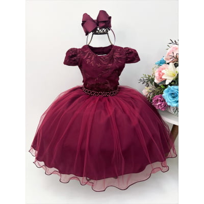 Vestido Infantil Marsala C/ Tiara e Cinto de Pérolas Renda