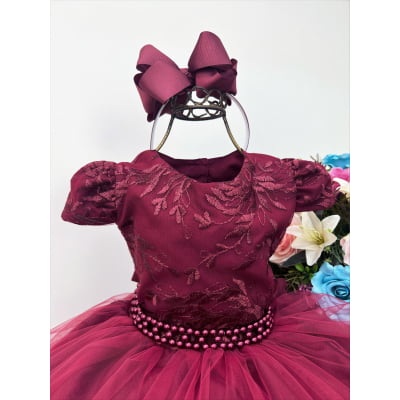 Vestido Infantil Marsala C/ Tiara e Cinto de Pérolas Renda