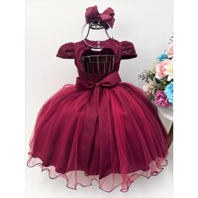 Vestido Infantil Marsala C/ Tiara e Cinto de Pérolas Renda