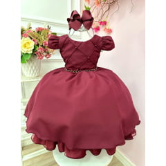 Vestido Infantil Marsala Cinto de Pérolas Casamento Luxo