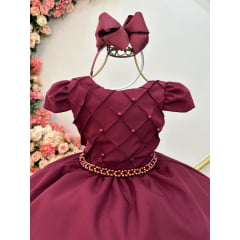 Vestido Infantil Marsala Cinto de Pérolas Casamento Luxo