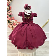 Vestido Infantil Marsala Cinto de Pérolas Casamento Luxo
