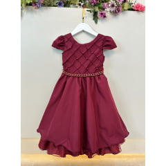 Vestido Infantil Marsala Cinto de Pérolas Casamento Luxo