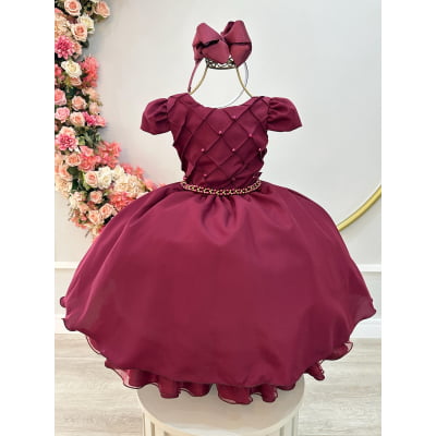 Vestido Infantil Marsala Cinto de Pérolas Casamento Luxo