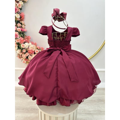 Vestido Infantil Marsala Cinto de Pérolas Casamento Luxo