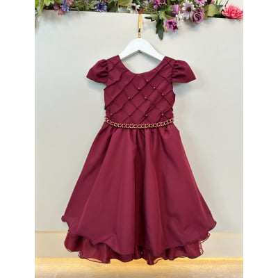 Vestido Infantil Marsala Cinto de Pérolas Casamento Luxo