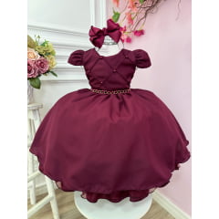 Vestido Infantil Marsala Cinto de Pérolas Casamento Luxo