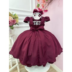 Vestido Infantil Marsala Cinto de Pérolas Casamento Luxo