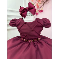 Vestido Infantil Marsala Cinto de Pérolas Casamento Luxo