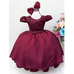 Vestido Infantil Marsala Renda C/ Cinto de Pérolas Laço