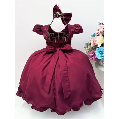 Vestido Infantil Marsala Renda C/ Cinto de Pérolas Laço