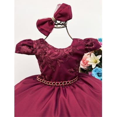 Vestido Infantil Marsala Renda C/ Cinto de Pérolas Laço