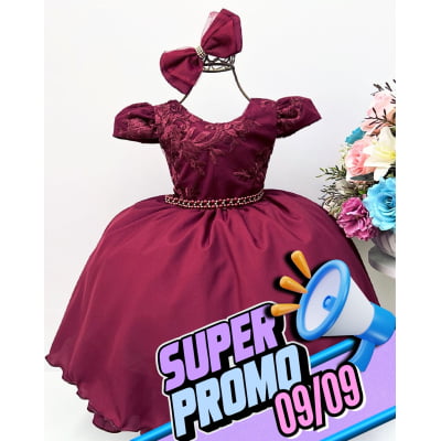 Vestido Infantil Marsala Renda C/ Cinto de Pérolas Laço