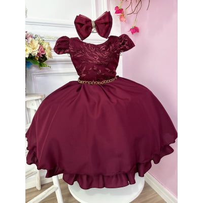 Vestido Infantil Marsala Renda Com Cinto de Pérolas e Laço