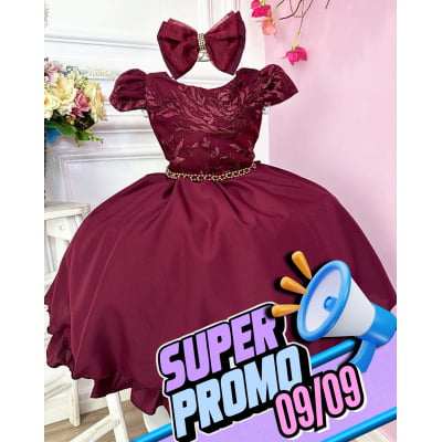 Vestido Infantil Marsala Renda Com Cinto de Pérolas e Laço