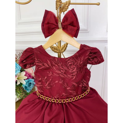 Vestido Infantil Marsala Renda Com Cinto de Pérolas e Laço