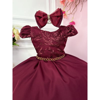 Vestido Infantil Marsala Renda Com Cinto de Pérolas e Laço