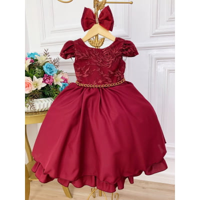 Vestido Infantil Marsala Renda Com Cinto de Pérolas e Laço