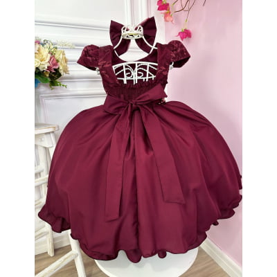 Vestido Infantil Marsala Renda Com Cinto de Pérolas e Laço