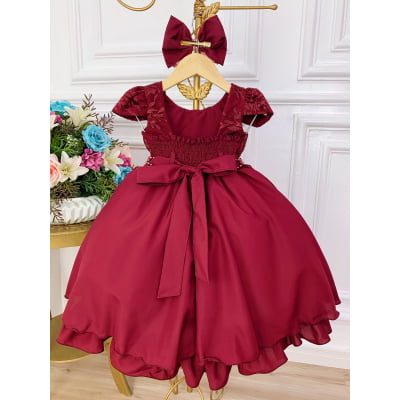 Vestido Infantil Marsala Renda Com Cinto de Pérolas e Laço