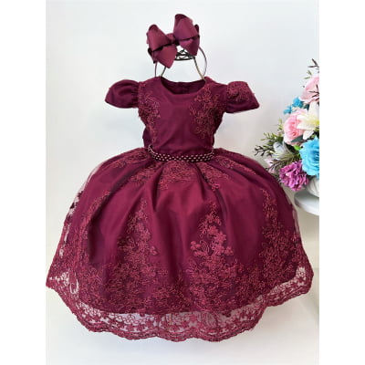 Vestido Infantil Marsala Renda e Cinto de Pérolas Luxo