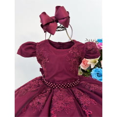 Vestido Infantil Marsala Renda e Cinto de Pérolas Luxo