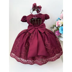 Vestido Infantil Marsala Renda e Cinto de Pérolas Luxo