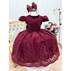 Vestido Infantil Marsala Renda e Cinto de Pérolas Luxo