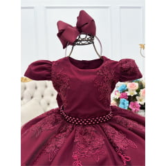Vestido Infantil Marsala Renda e Cinto de Pérolas Luxo