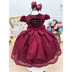 Vestido Infantil Marsala Renda e Cinto de Pérolas Luxo