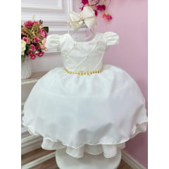 Vestido Infantil Off White Cinto de Pérolas Casamento Luxo