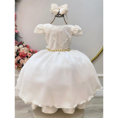 Vestido Infantil Off White Cinto de Pérolas Casamento Luxo