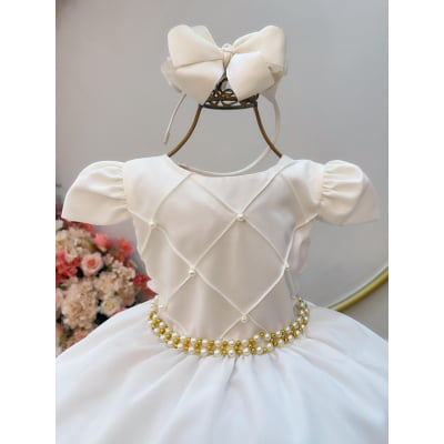 Vestido Infantil Off White Cinto de Pérolas Casamento Luxo