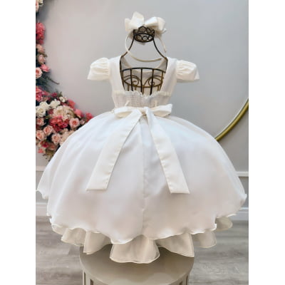 Vestido Infantil Off White Cinto de Pérolas Casamento Luxo