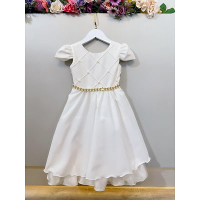 Vestido Infantil Off White Cinto de Pérolas Casamento Luxo