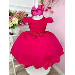 Vestido Infantil Pink C/ Cinto de Pérolas Casamento Luxo