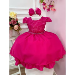 Vestido Infantil Pink C/ Laço e Renda Cinto de Pérolas