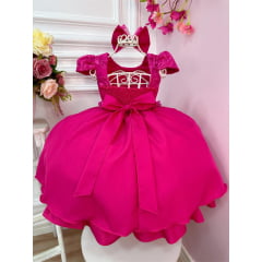 Vestido Infantil Pink C/ Laço e Renda Cinto de Pérolas