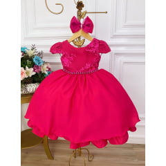 Vestido Infantil Pink C/ Renda e Cinto de Pérolas e Laço