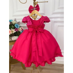 Vestido Infantil Pink C/ Renda e Cinto de Pérolas e Laço