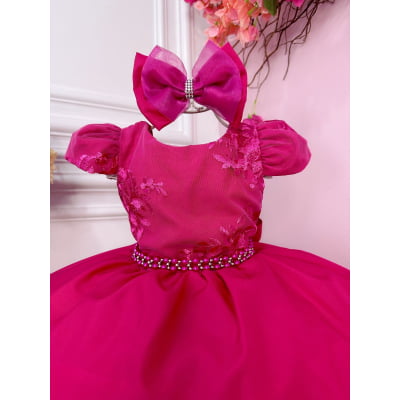 Vestido Infantil Pink C/ Renda e Cinto de Pérolas e Laço