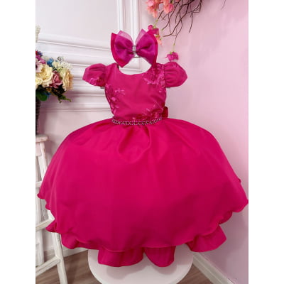 Vestido Infantil Pink C/ Renda e Cinto de Pérolas e Laço
