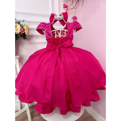 Vestido Infantil Pink C/ Renda e Cinto de Pérolas e Laço