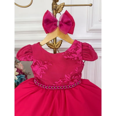 Vestido Infantil Pink C/ Renda e Cinto de Pérolas e Laço