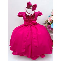 Vestido Infantil Pink Renda C/ Cinto Pérolas e Tiara