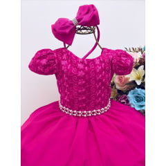 Vestido Infantil Pink Renda Cinto Pérolas C/Tiara