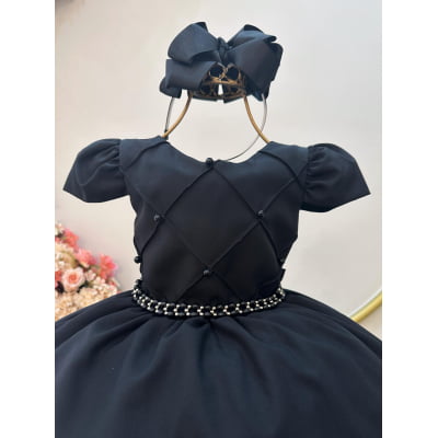 Vestido Infantil Preto C/ Cinto de Pérolas Casamentos