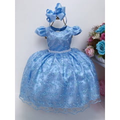 Vestido Infantil Realeza Renda Azul Claro Festas Luxo